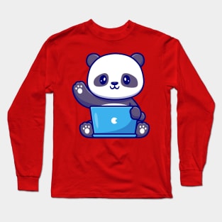 Cute Panda Working On Laptop Cartoon Long Sleeve T-Shirt